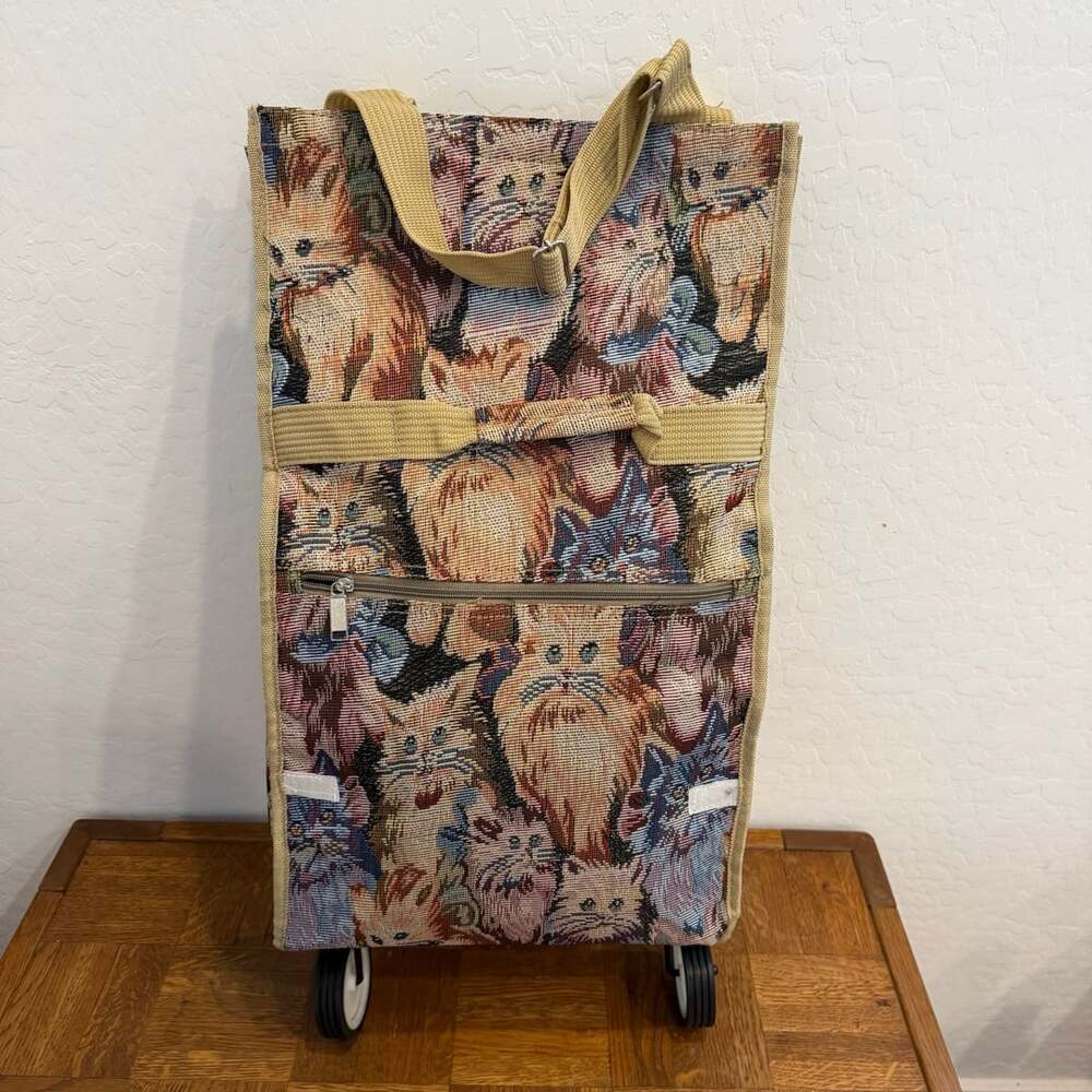 Vintage Cat Tapestry Rolling Shopping Bag Folding Grocery Trolley Tote Wheels